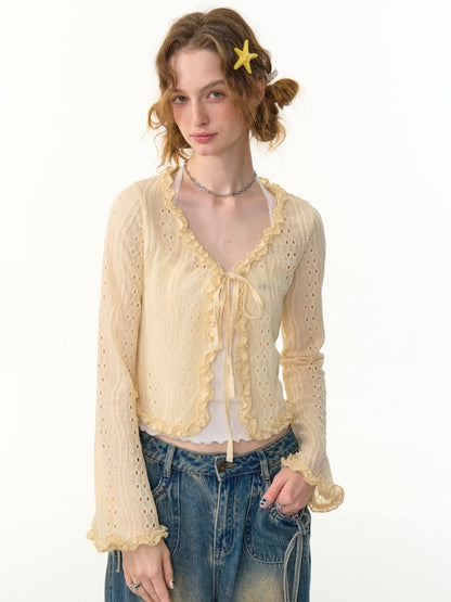 Ribbon Tie Openwork Knit Lace Ruffle Cropped Cardigan【s0000013147】