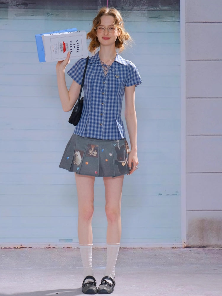 Check Lace-Up Heart Button Short Sleeve Shirt【s0000013148】
