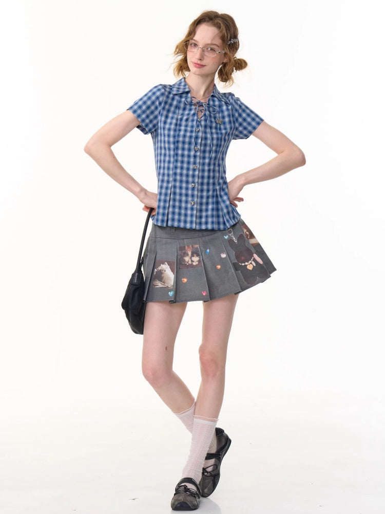 Check Lace-Up Heart Button Short Sleeve Shirt【s0000013148】