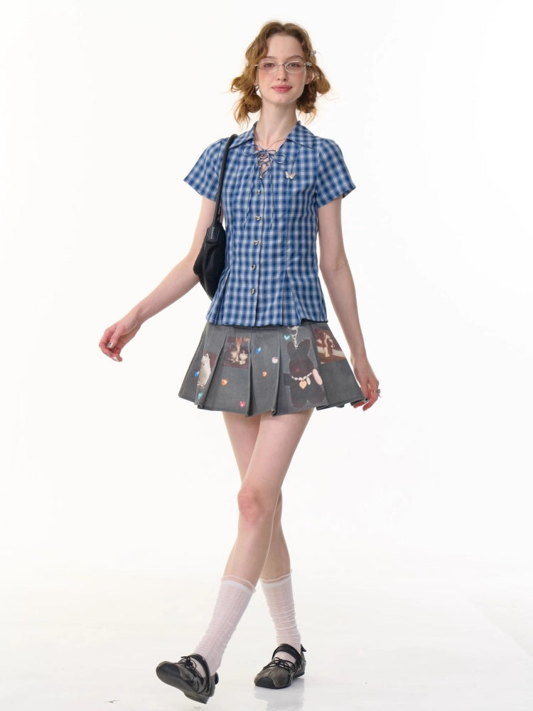 Check Lace-Up Heart Button Short Sleeve Shirt【s0000013148】