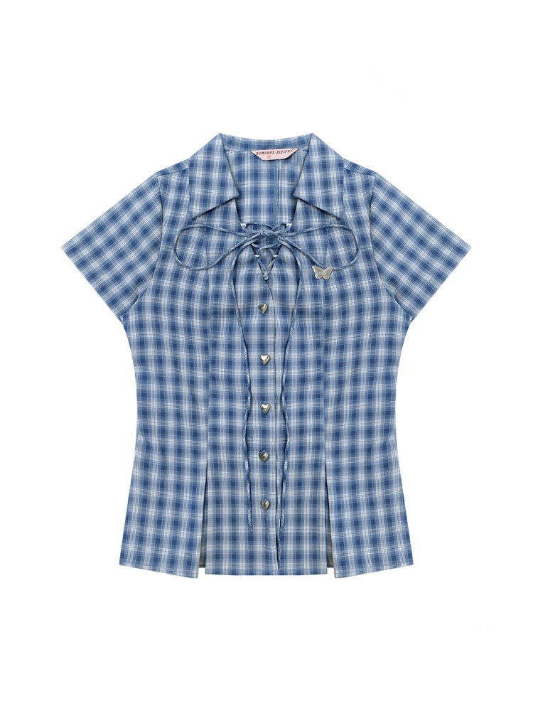 Check Lace-Up Heart Button Short Sleeve Shirt【s0000013148】