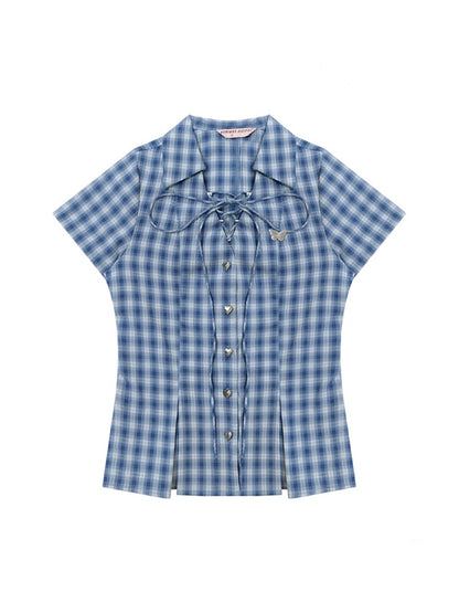 Check Lace-Up Heart Button Short Sleeve Shirt【s0000013148】