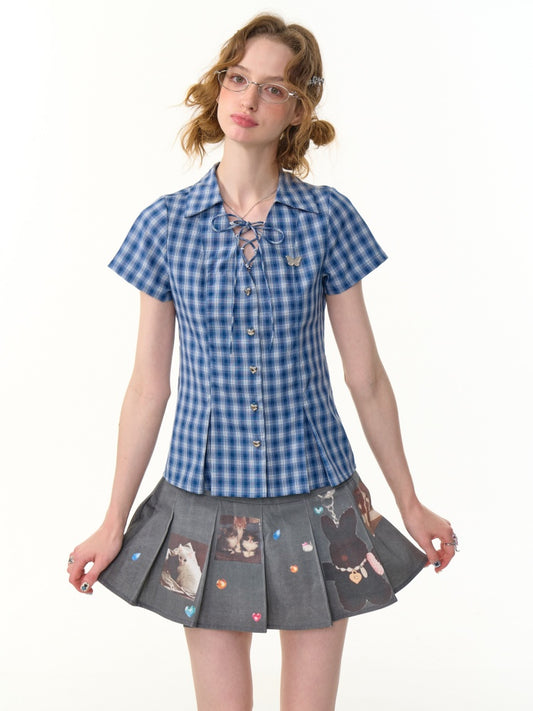 Check Lace-Up Heart Button Short Sleeve Shirt【s0000013148】