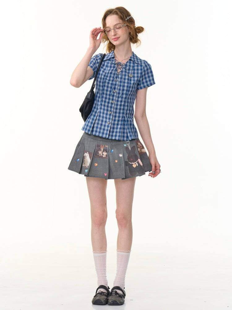 Check Lace-Up Heart Button Short Sleeve Shirt【s0000013148】