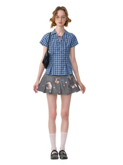 Check Lace-Up Heart Button Short Sleeve Shirt【s0000013148】