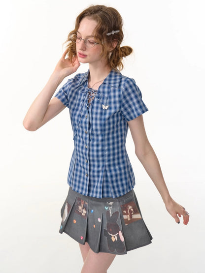 Check Lace-Up Heart Button Short Sleeve Shirt【s0000013148】