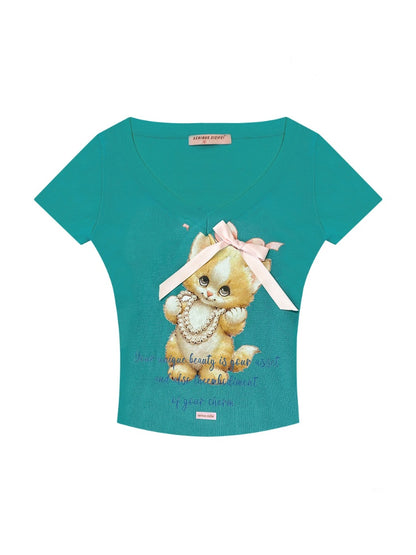 Cat Print Bow Big V-Neck Short Sleeve T-Shirt【s0000013149】