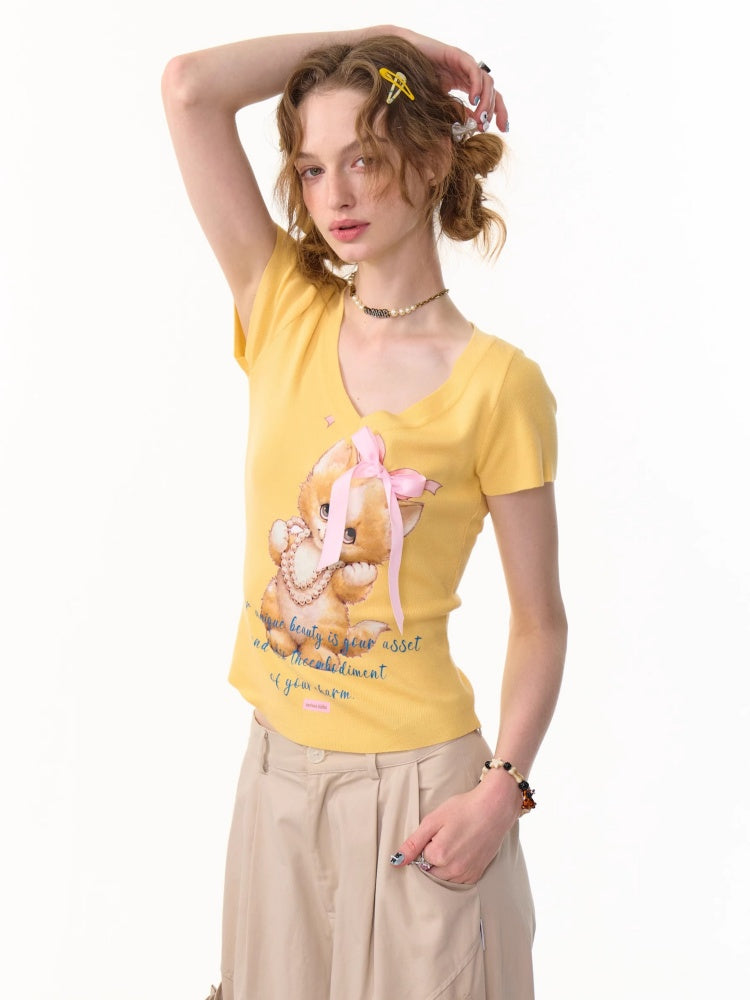 Cat Print Bow Big V-Neck Short Sleeve T-Shirt【s0000013149】
