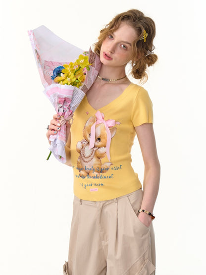 Cat Print Bow Big V-Neck Short Sleeve T-Shirt【s0000013149】