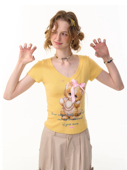 Cat Print Bow Big V-Neck Short Sleeve T-Shirt【s0000013149】