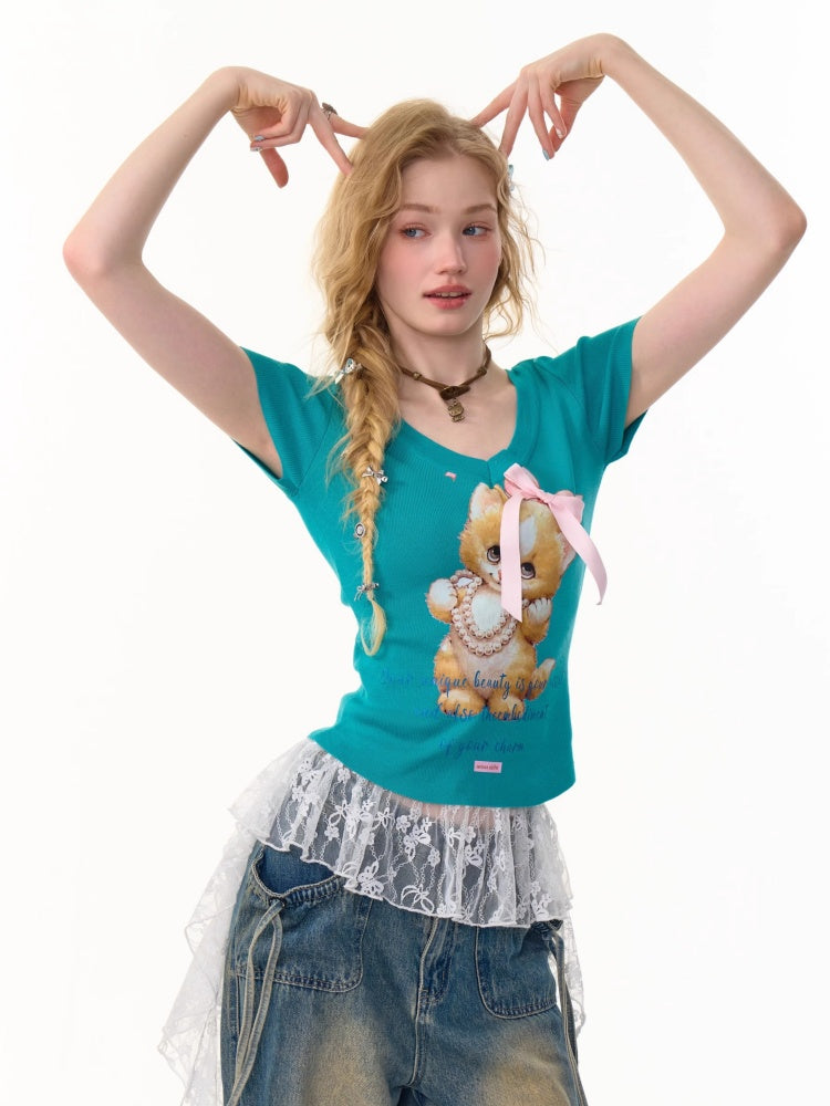 Cat Print Bow Big V-Neck Short Sleeve T-Shirt【s0000013149】