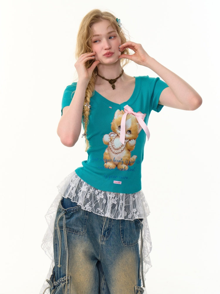 Cat Print Bow Big V-Neck Short Sleeve T-Shirt【s0000013149】