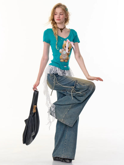 Cat Print Bow Big V-Neck Short Sleeve T-Shirt【s0000013149】