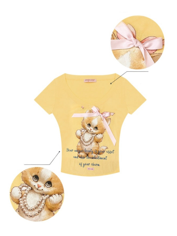 Cat Print Bow Big V-Neck Short Sleeve T-Shirt【s0000013149】
