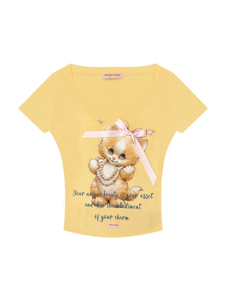 Cat Print Bow Big V-Neck Short Sleeve T-Shirt【s0000013149】