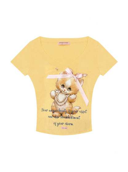 Cat Print Bow Big V-Neck Short Sleeve T-Shirt【s0000013149】