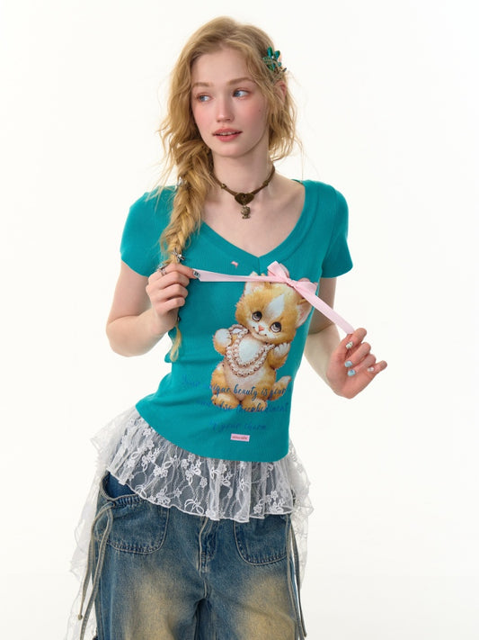 Cat Print Bow Big V-Neck Short Sleeve T-Shirt【s0000013149】