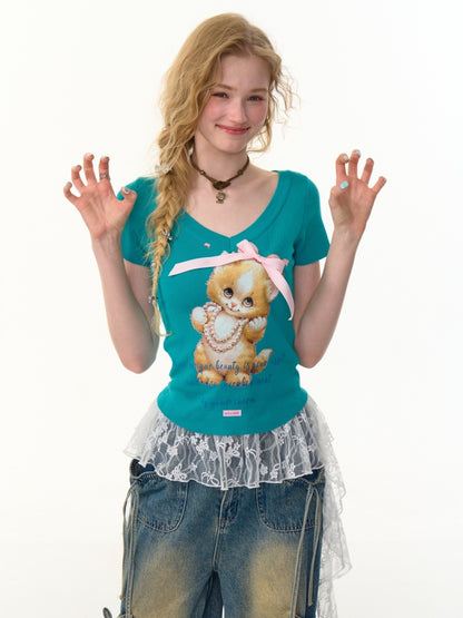 Cat Print Bow Big V-Neck Short Sleeve T-Shirt【s0000013149】