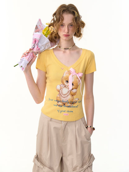 Cat Print Bow Big V-Neck Short Sleeve T-Shirt【s0000013149】