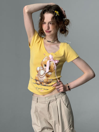 Cat Print Bow Big V-Neck Short Sleeve T-Shirt【s0000013149】