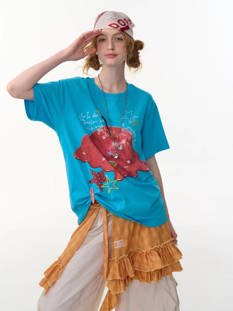 Melt Apple Graphic Print Round Neck Short Sleeve Big T-Shirt【s0000013150】
