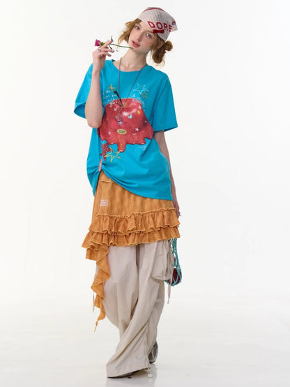 Melt Apple Graphic Print Round Neck Short Sleeve Big T-Shirt【s0000013150】