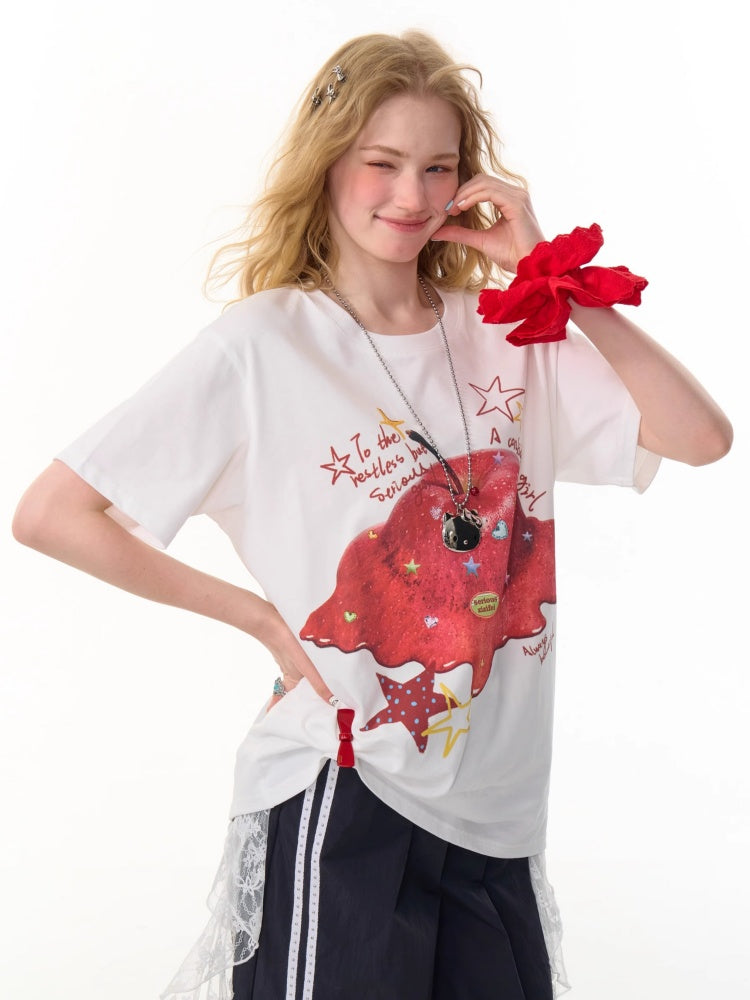 Melt Apple Graphic Print Round Neck Short Sleeve Big T-Shirt【s0000013150】