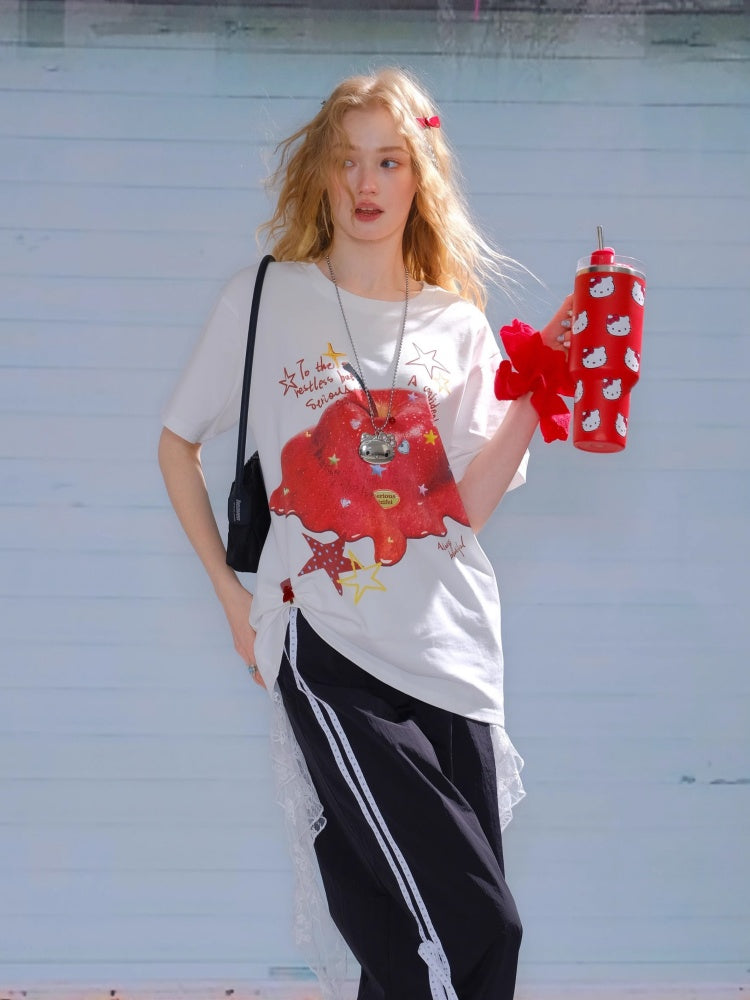 Melt Apple Graphic Print Round Neck Short Sleeve Big T-Shirt【s0000013150】
