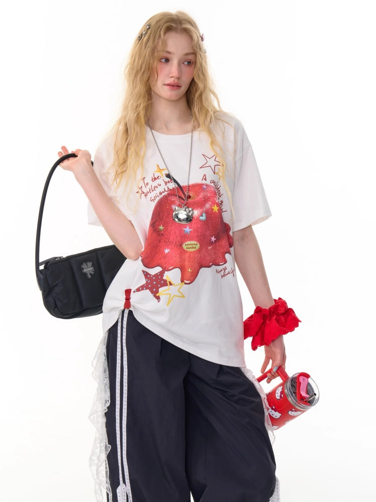 Melt Apple Graphic Print Round Neck Short Sleeve Big T-Shirt【s0000013150】