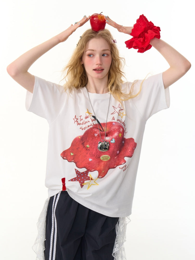 Melt Apple Graphic Print Round Neck Short Sleeve Big T-Shirt【s0000013150】