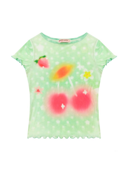 Wave Edge Mesh Cherry Polka Dot Short Sleeve T-Shirt【s0000013151】