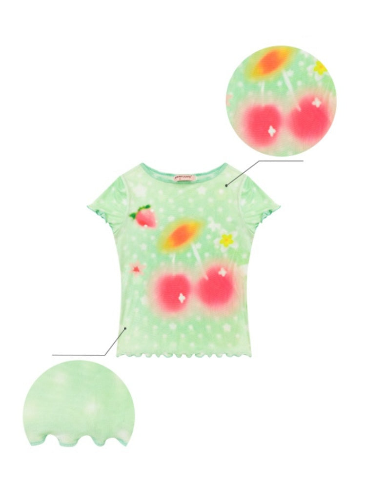 Wave Edge Mesh Cherry Polka Dot Short Sleeve T-Shirt【s0000013151】