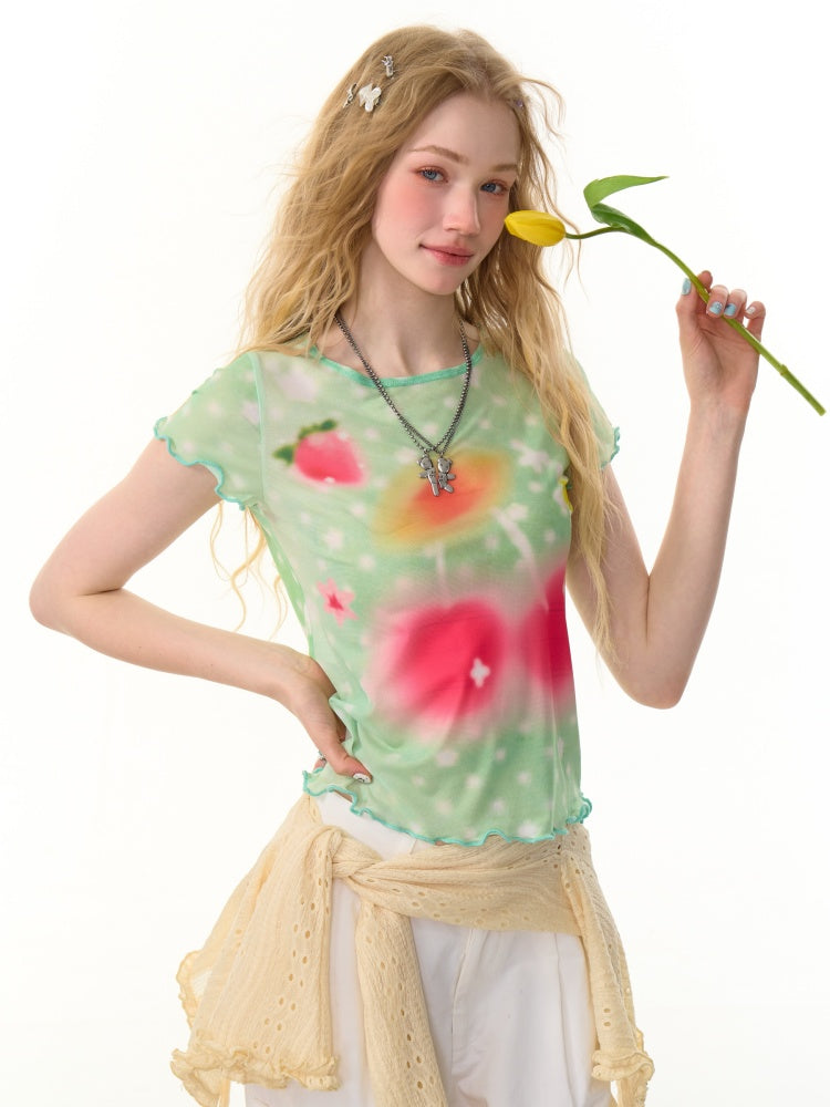 Wave Edge Mesh Cherry Polka Dot Short Sleeve T-Shirt【s0000013151】