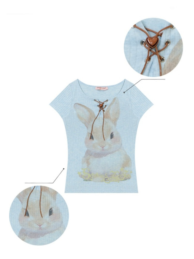 Rabbit Print Lace Up Short Sleeve T-Shirt【s0000013152】