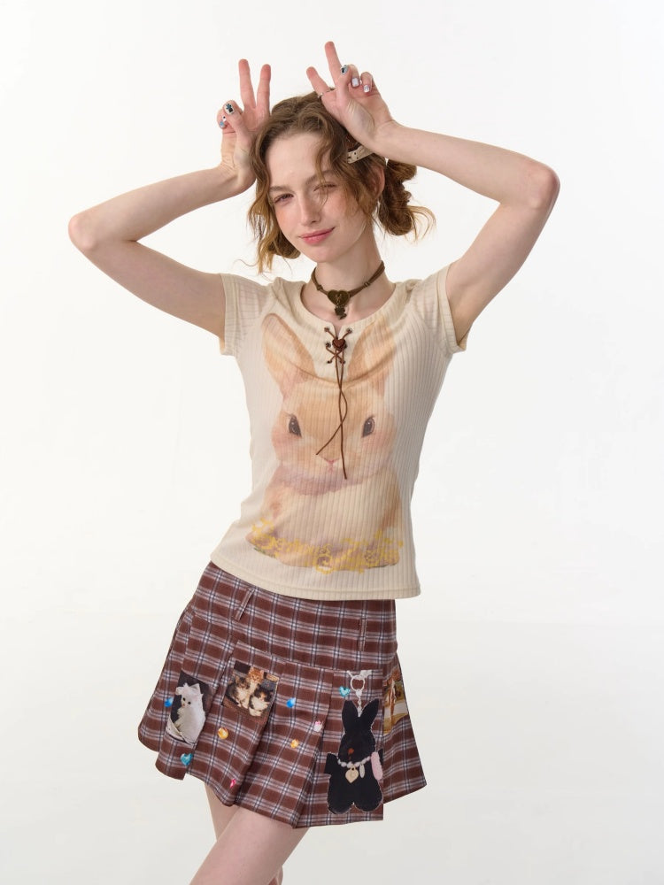 Rabbit Print Lace Up Short Sleeve T-Shirt【s0000013152】
