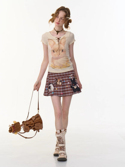 Rabbit Print Lace Up Short Sleeve T-Shirt【s0000013152】