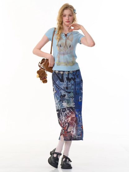 Rabbit Print Lace Up Short Sleeve T-Shirt【s0000013152】