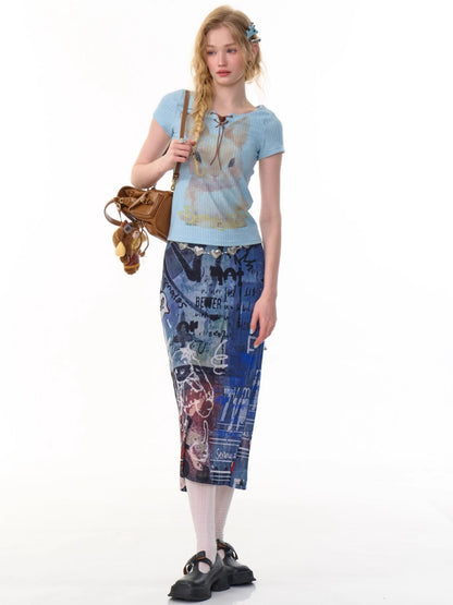 Rabbit Print Lace Up Short Sleeve T-Shirt【s0000013152】