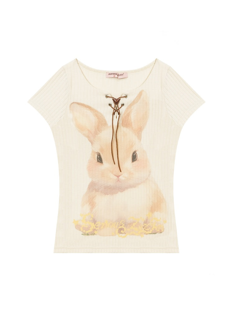 Rabbit Print Lace Up Short Sleeve T-Shirt【s0000013152】