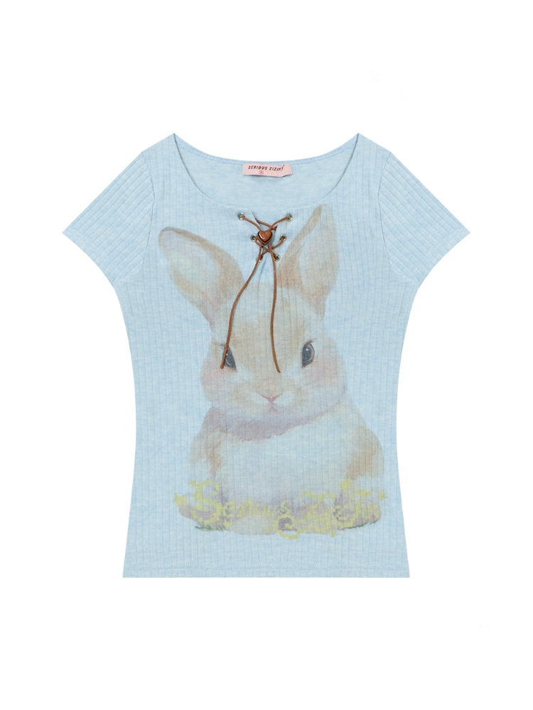 Rabbit Print Lace Up Short Sleeve T-Shirt【s0000013152】