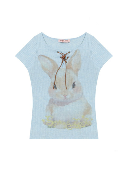 Rabbit Print Lace Up Short Sleeve T-Shirt【s0000013152】