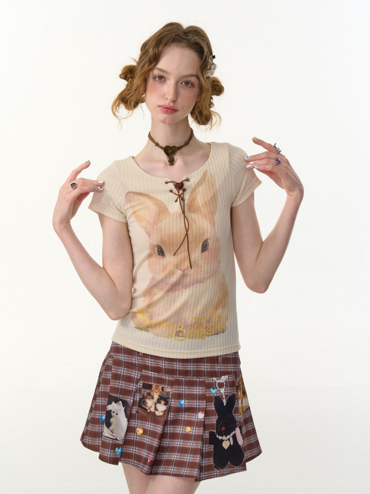 Rabbit Print Lace Up Short Sleeve T-Shirt【s0000013152】