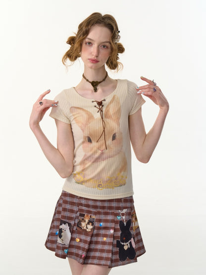 Rabbit Print Lace Up Short Sleeve T-Shirt【s0000013152】