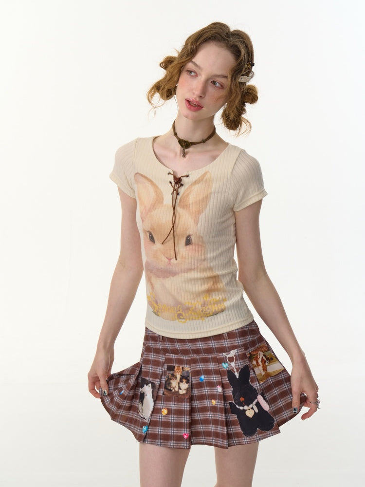 Rabbit Print Lace Up Short Sleeve T-Shirt【s0000013152】
