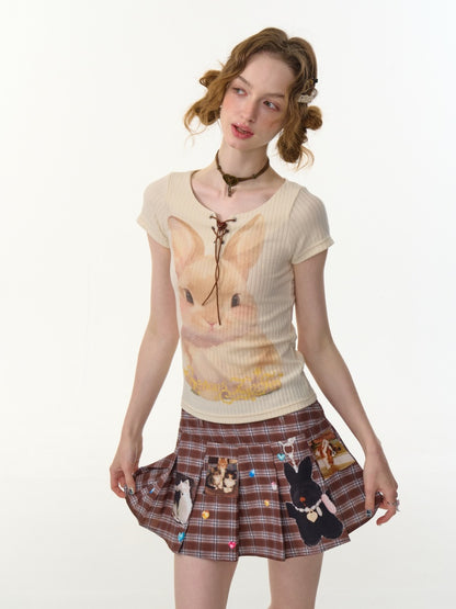 Rabbit Print Lace Up Short Sleeve T-Shirt【s0000013152】