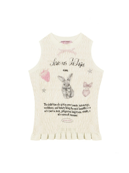 Rabbit Print Shirring Pleated Hem Tank Top【s0000013154】