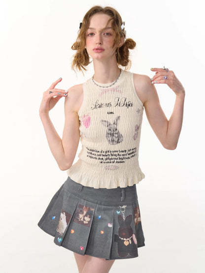 Rabbit Print Shirring Pleated Hem Tank Top【s0000013154】