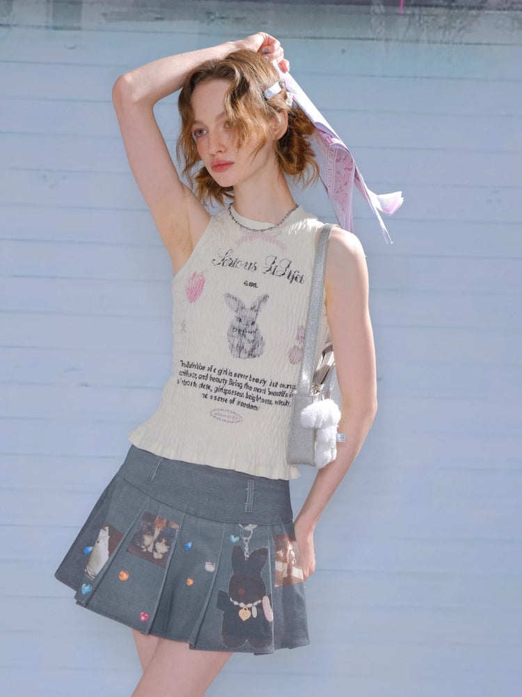 Rabbit Print Shirring Pleated Hem Tank Top【s0000013154】