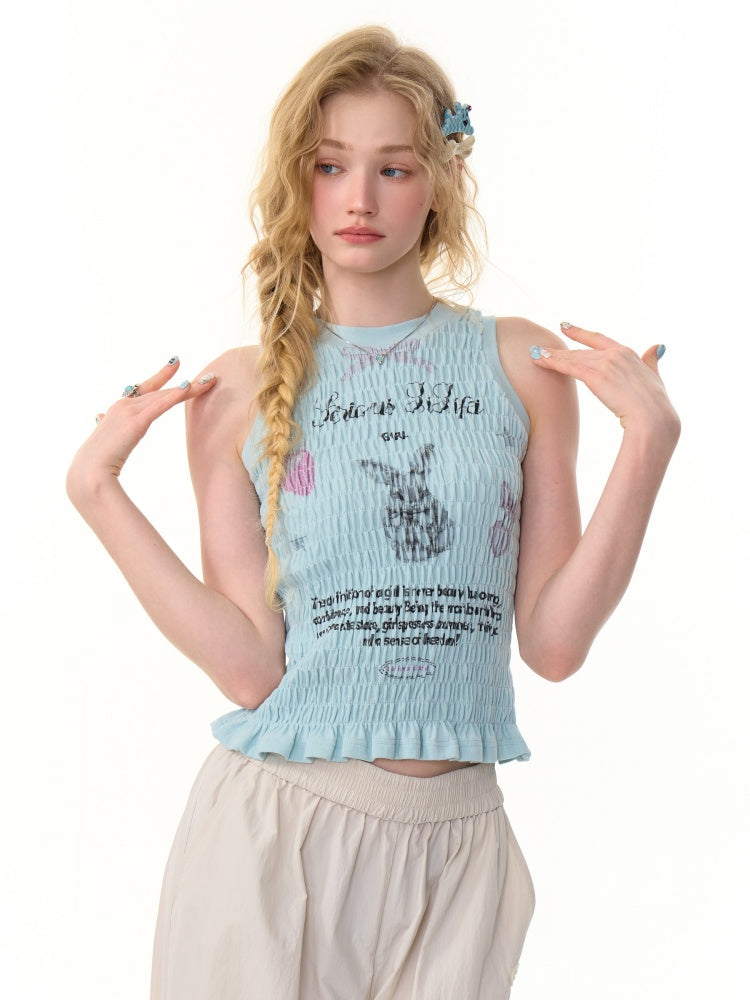 Rabbit Print Shirring Pleated Hem Tank Top【s0000013154】