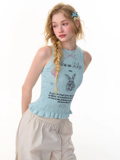 Rabbit Print Shirring Pleated Hem Tank Top【s0000013154】